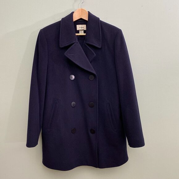 VTG LL Bean Peacoat Navy Blue Wool Cashmere Blend Nautical Preppy Womens 14 - Picture 1 of 15